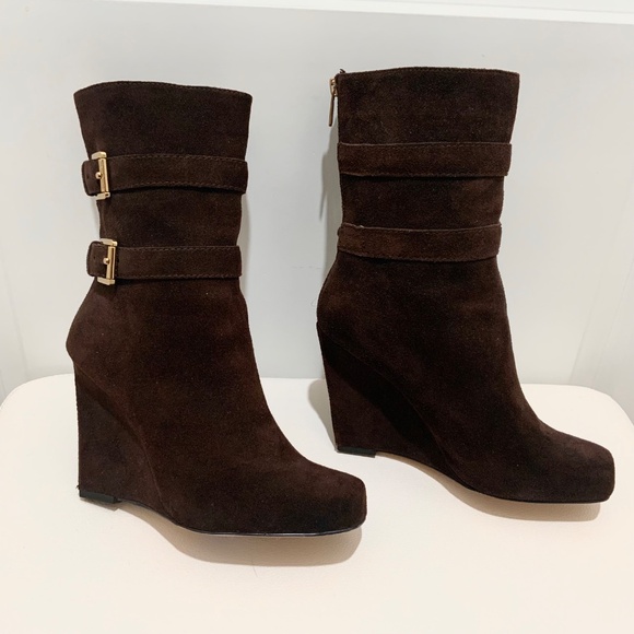 Michael Kors Parker Brown Suede Leather Wedge Bootie Exposed Zip Ankle Boots 7.5 - Picture 6 of 16
